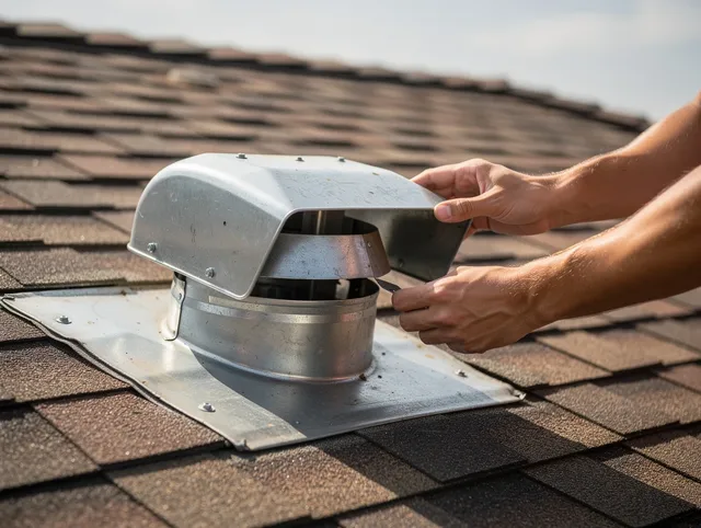 Fallbrook Dryer Vent Cleaning certified technician safely cleaning a roof-mounted dryer vent in Fallbrook