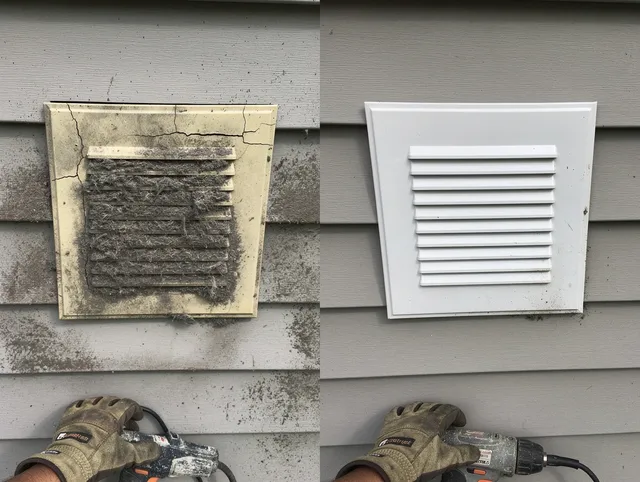 Fallbrook Dryer Vent Cleaning technician installing high-quality dryer vent cover at a residential property in Fallbrook